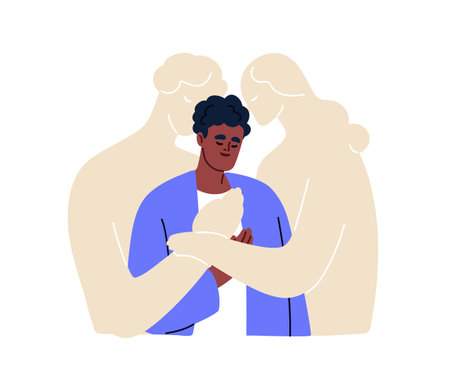 Person missing departed dead parents. Orphan thinking, remembering lost gone mother, father, their love and support. Loss, death concept. Flat graphic vector illustration isolated on white backgroundのイラスト素材