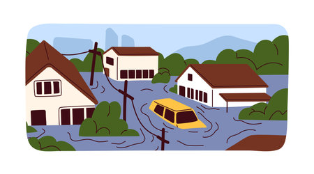 Flood, natural disaster. Drowned houses, car and trees sinking under high water during nature catastrophe, cataclysm. Environment calamity, town buildings devastation. Flat vector illustrationのイラスト素材