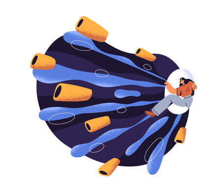 Exploring, studying new opportunities, life experiences concept. Open door to secret knowledge, insights, searching, finding unknown. Flat graphic vector illustration isolated on white backgroundのイラスト素材