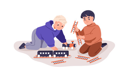 Kids playing with toy train, railroad. Preschool children friends have fun with railway together. Happy little boys during game, indoor activity. Flat vector illustration isolated on white backgroundのイラスト素材