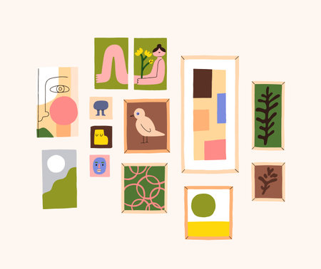 Framed pictures hanging on wall. Interior art, drawings in modern contemporary style. Multiple trendy abstract artworks composition, arrangement. Home decoration. Flat vector illustrationのイラスト素材