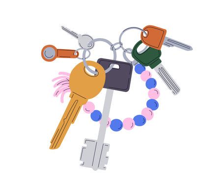 Many door keys bunch hanging on ring, holder. Keychain, keyring with trinket, pendant, accessories...