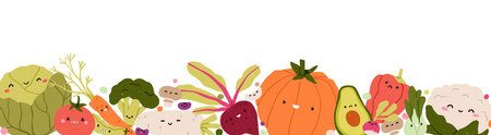 Vegetable border. Farm harvest, healthy vegan food, horizontal banner. Assorted veggies characters....