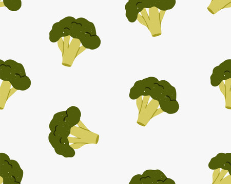 Broccoli, seamless pattern. Endless vegetarian background, texture design. Green brocoli, vegetable, vitamin diet veggies, repeating print. Flat vector illustration for textile, fabric, wrappingのイラスト素材