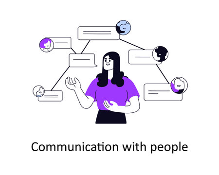 Communication with people, networking, conversation concept. Person making connections, social contacts, speaking, communicating, negotiating. Flat vector illustration isolated on white backgroundのイラスト素材