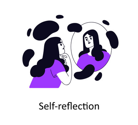 Self-reflection, analysis, mental health and psychology concept. Person reflecting, thinking in front of mirror. Reflective thoughtful woman. Flat vector illustration isolated on white backgroundのイラスト素材