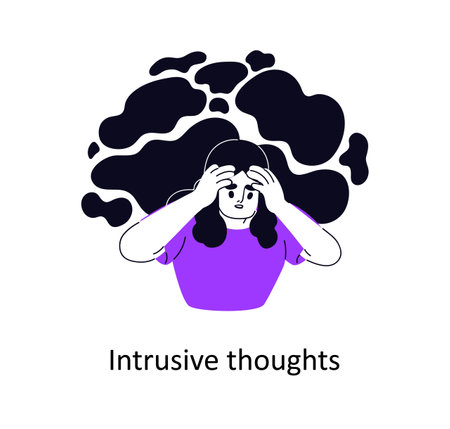 Intrusive thoughts, unwanted unpleasant ideas in mind. Psychology concept. Anxious person suffering from obsession, anxiety, worrying, concerning. Flat vector illustration isolated on white backgroundのイラスト素材