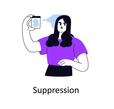 Emotional suppression, face expressions control, inhibition, psychology concept. Regulating feelings, reducing, suppressing facial reactions. Flat vector illustration isolated on white backgroundのイラスト素材