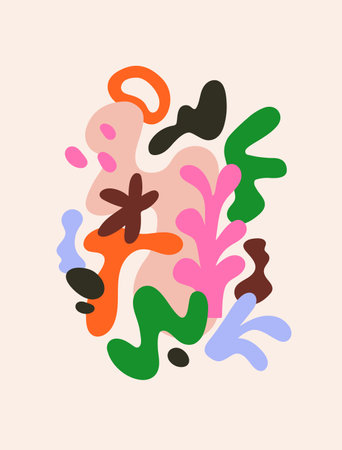 Abstract card design with trendy fluid elements, liquid shapes. Contemporary wall art, interior poster, organic natural random chaotic figures pattern on background. Colored flat vector illustrationのイラスト素材