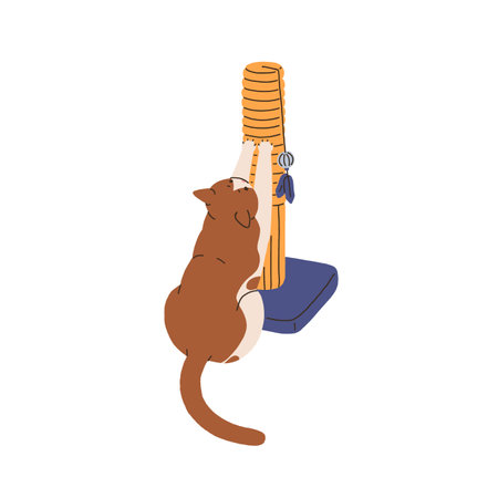 Cute cat stretching paws on scratching post, jute pole, sisal tower. Funny adorable home kitty, feline animal sharpening claws with scratcher. Flat vector illustration isolated on white backgroundのイラスト素材