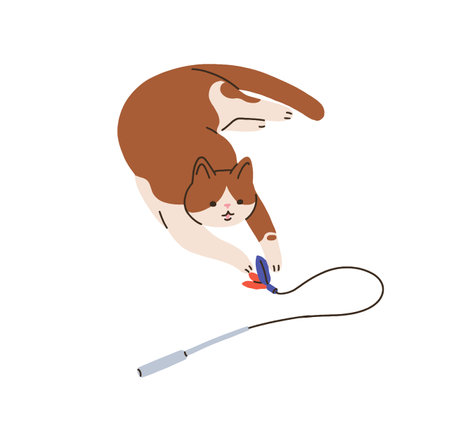 Cute cat playing with interactive stick toy. Happy funny playful kitty catching, attacking teasing wand, string, catcher. Feline game, fun. Flat vector illustration isolated on white backgroundのイラスト素材