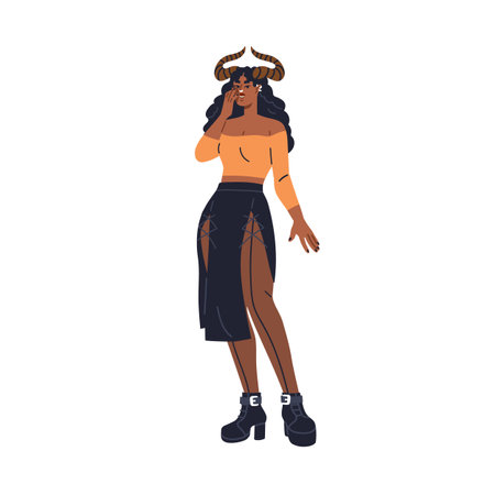 Sexy devil girl in hot Halloween outfit, heels and horns. Young sassy woman in hell party apparel. Wicked female character, beauty. Flat graphic vector illustration isolated on white backgroundのイラスト素材