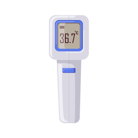Infrared digital thermometer. Forehead laser, scan, medical contactless sensor. Temperature measuring tool, electronic non-contact device. Flat vector illustration isolated on white backgroundのイラスト素材