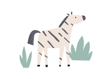 Cute zebra. African jungle animal in Scandinavian style. Adorable sweet funny kawaii tropical striped mammal, baby character. Kids Scandi flat vector illustration isolated on white backgroundのイラスト素材