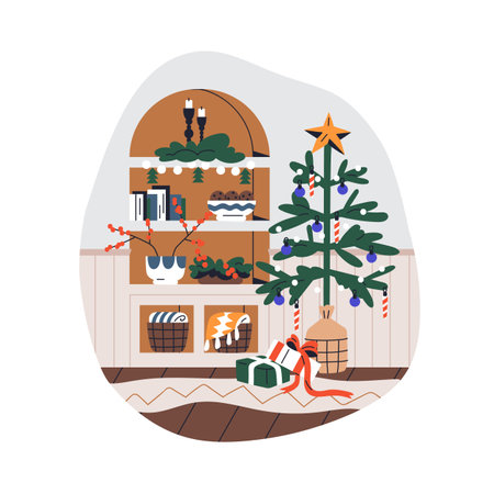 Christmas tree, home Xmas decorations on shelves. Winter holiday fir with baubles and star, festive gifts, baskets in cozy apartment. Flat graphic vector illustration isolated on white backgroundのイラスト素材