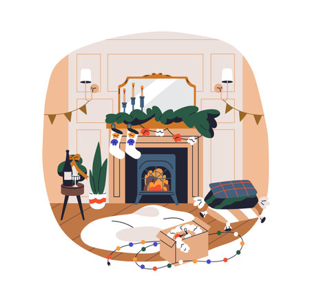 Christmas home, living room with socks on fireplace, candles, holiday decoration. Fire place, Xmas ornaments, winter festive decor. Flat graphic vector illustration isolated on white backgroundのイラスト素材