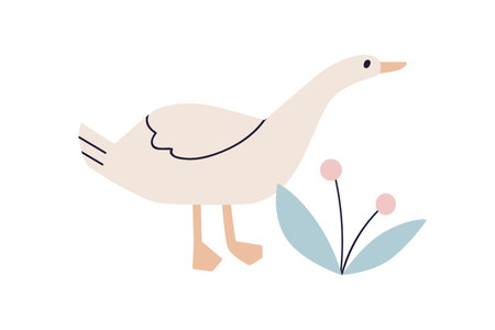 Cute funny goose and plant. Adorable sweet lovely kawaii bird, feathered animal in Scandinavian style. Kids childish nordic Scandi flat vector illustration isolated on white backgroundのイラスト素材