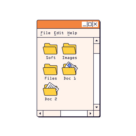 Computer folders, 90s window interface. Desktop storage of images, documents files in retro digital...