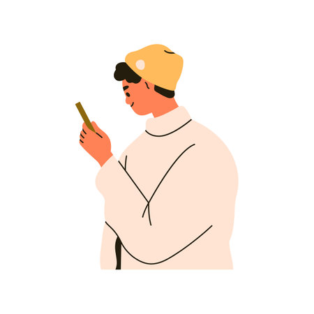 Man with mobile phone in hand. Young person looking at smartphone, reading online message, scrolling, surfing social media. Guy using cellphone. Flat vector illustration isolated on white backgroundのイラスト素材