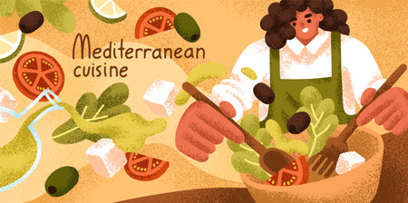 Mediterranean cuisine banner, culinary background. Chef cooking Greek vegetable salad, mixing food ingredients. Woman cooks vegetarian dish, eating with tomato, olives. Flat vector illustrationのイラスト素材