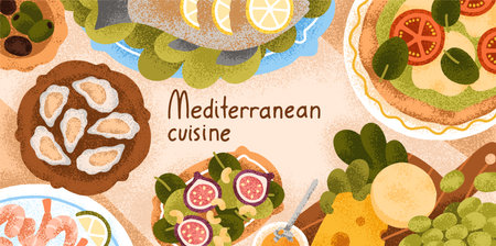 Mediterranean cuisine background. Sea food, Italian pizza, snacks on restaurant banner design. Seafood eating, appetizers, starters, oysters served on table, top view. Flat vector illustrationのイラスト素材