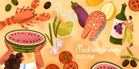 Mediterranean cuisine, food, diet background. Seafood, vegetables, fruits, snacks, wine bottle, fish, lobster on gourmet banner. Healthy delicious Italian and Spanish eating. Flat vector illustrationのイラスト素材