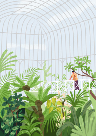 Greenhouse, conservatory with foliage plant. Botanical garden, park with leaf vegetations. Person enjoying nature in glasshouse, orangery with glass transparent roof. Flat vector illustrationのイラスト素材