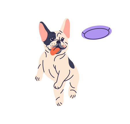Cute dog playing, running and catching frisbee disc. Funny active puppy, French bulldog jumping for flying disk, canine animal toy. Flat graphic vector illustration isolated on white backgroundのイラスト素材