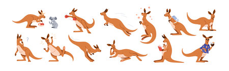 Cute happy kangaroo characters set. Funny comic marsupial animal from Australia. Australian mammal with joey in pouch, jumping, relaxing, smiling. Flat vector illustration isolated on white backgroundのイラスト素材