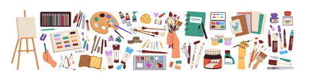 Art supplies, tools set. Paints palettes, brushes, pencil kit, pen, sketchbook, easel and canvas. Painters equipment, drawing stationery. Flat graphic vector illustrations isolated on white backgroundのイラスト素材