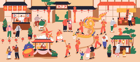 Chinese New Year celebration at fair, festival on city street. People celebrating Asian lunar holiday in China town with oriental lanterns decoration, dragon, market stalls. Flat vector illustrationのイラスト素材