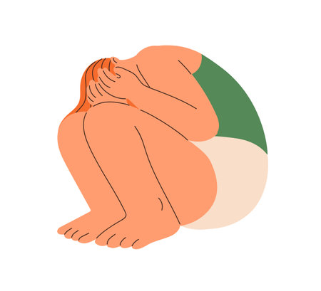 Depressed sad afraid anxious woman. Anxiety, stress, fear and shame emotions. Psychology problem, mental health and pain concept. Flat graphic vector illustration isolated on white backgroundのイラスト素材