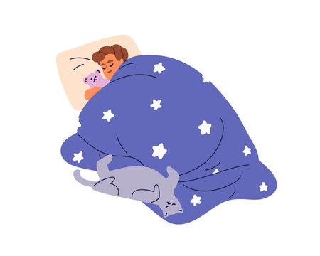Happy child sleeping, lying under blanket. Cute kid relaxing, dreaming with bear toy and cat pet. Boy asleep on soft comfortable pillow, duvet. Flat vector illustration isolated on white backgroundのイラスト素材