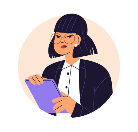 Business woman, face avatar. Female employee, office worker. Asian businesswoman, CEO in eyeglasses with clipboard in hand, head portrait. Flat graphic vector illustration isolated on white backgroundのイラスト素材