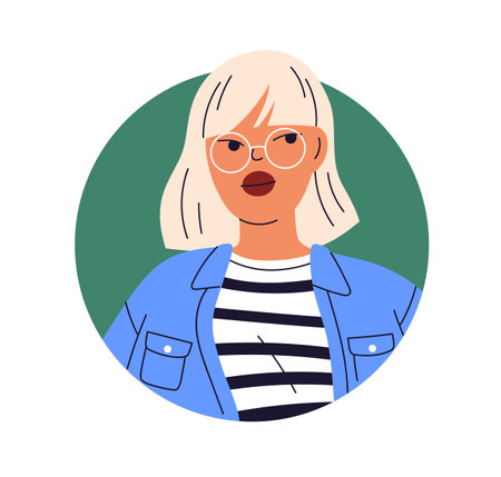 Modern girls avatar in circle. Young stylish woman in eyeglasses, head portrait. Cool pretty female character face, glasses and red lips. Flat vector illustration isolated on white backgroundのイラスト素材