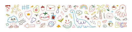 Cute doodle outlined design elements set. Funny creative line art animals, food, flower, rainbow, abstract shapes in kids scribble style. Trendy naive drawings. Childish hand-drawn vector illustrationのイラスト素材