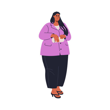 Modern businesswoman. Young pretty fat plus-size girl, business woman in stylish clothes, summer outfit. Chunky chubby person standing in blazer. Flat vector illustration isolated on white backgroundのイラスト素材