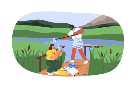 Scientists taking water samples from lake in nature. Ecologists with flasks, tubes, checking, testing, examining aqua quality in river. Flat graphic vector illustration isolated on white backgroundのイラスト素材