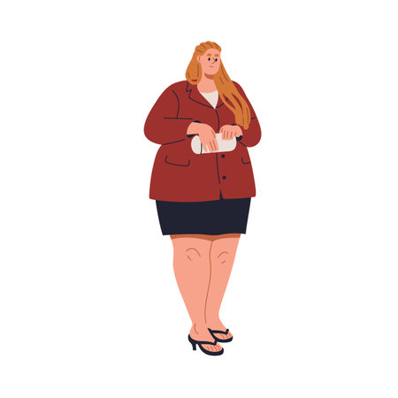 Fat chunky plus-size woman standing in short skirt. Young smiling chubby plump girl in blazer, sandals. Female character, person with obesity. Flat vector illustration isolated on white backgroundのイラスト素材