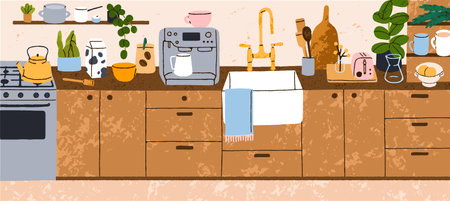 Cozy home kitchen interior panorama. Wood cupboards, furniture, cooker with kettle, sink and towel, cooking appliances. Wooden dining cabinets, coffee machine, utensils. Flat vector illustrationのイラスト素材