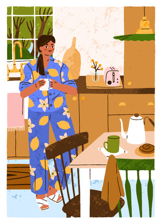 Girl in cozy kitchen interior, at modern hygge home. Young woman standing with mug, drinking tea in morning on holiday, weekend. Female character in pajamas with coffee cup. Flat vector illustrationのイラスト素材