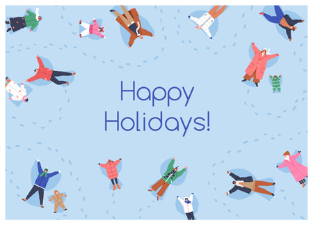 Happy winter holiday, greeting card background. People, children making snow angels on wintertime vacations. Outdoor fun in snowy cold weather, Christmas mood postcard. Flat vector illustrationのイラスト素材