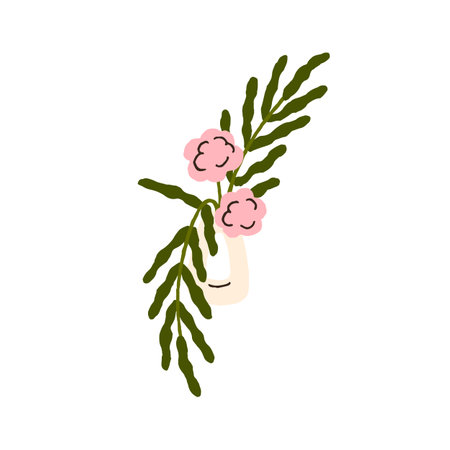 Flowers and leaf branches in vase. Floral plants, bouquet with delicate spring blooms and leaves. Beautiful blossomed decor, gentle decoration. Flat vector illustration isolated on white backgroundのイラスト素材