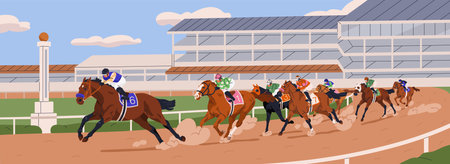 Jockeys riding horses on race track. Equestrians on racehorses competing on racetrack, running at fast speed on racecourse, hippodrome, turf. Equine sports competitions. Flat vector illustrationのイラスト素材
