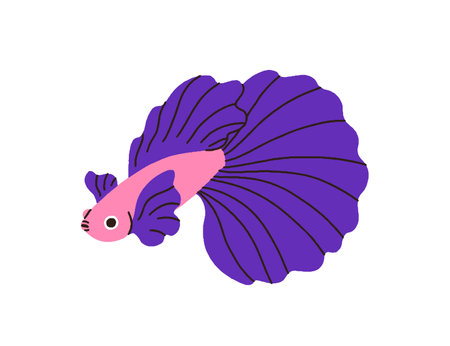 Cute tropical fish with beautiful big tail. Exotic little small water animal, betta with gorgeous flowing fins. Marine sea fauna. Colored flat graphic vector illustration isolated on white backgroundのイラスト素材