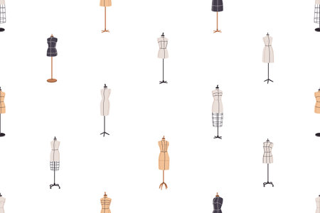 Mannequins, seamless pattern. Manikins, endless background. Fashion dummies, repeating sewing atelier print. Manequins, printable texture design. Repeatable flat vector illustration for textileのイラスト素材