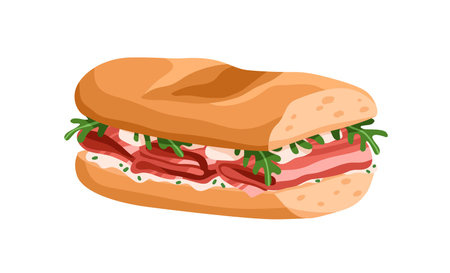 Baguette sandwich. Bacon and arugula greens stuffing between long wheat bread. Tasty snack, delicious fast food with meat, cheese, sauce. Flat vector illustration isolated on white backgroundのイラスト素材
