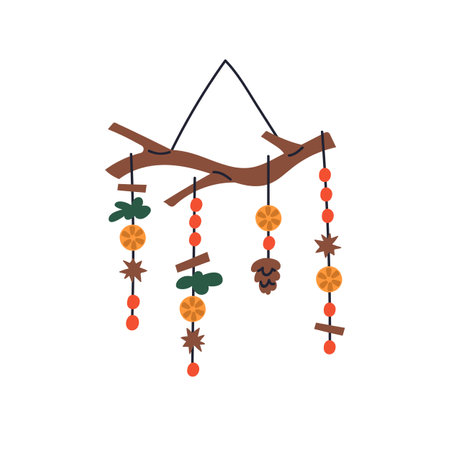 Christmas decoration, wooden tree branch with hanging natural ornaments. DIY Xmas adornment, winter holiday decor with cinnamon, cones, orange. Flat vector illustration isolated on white backgroundのイラスト素材