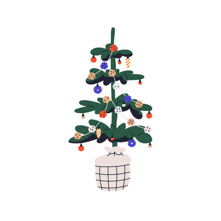 Christmas fir decorated with ornaments. Live Xmas tree with holiday baubles. Natural spruce with festive retro decorations, growing in basket. Flat vector illustration isolated on white backgroundのイラスト素材