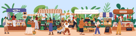 Farmers market place with local farm food. Customers and sellers, vendors behind stalls with fresh vegetables, meat, organic products. People at outdoor marketplace panorama. Flat vector illustrationのイラスト素材